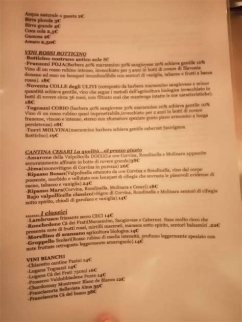 Menu at Trattoria Antico Sole